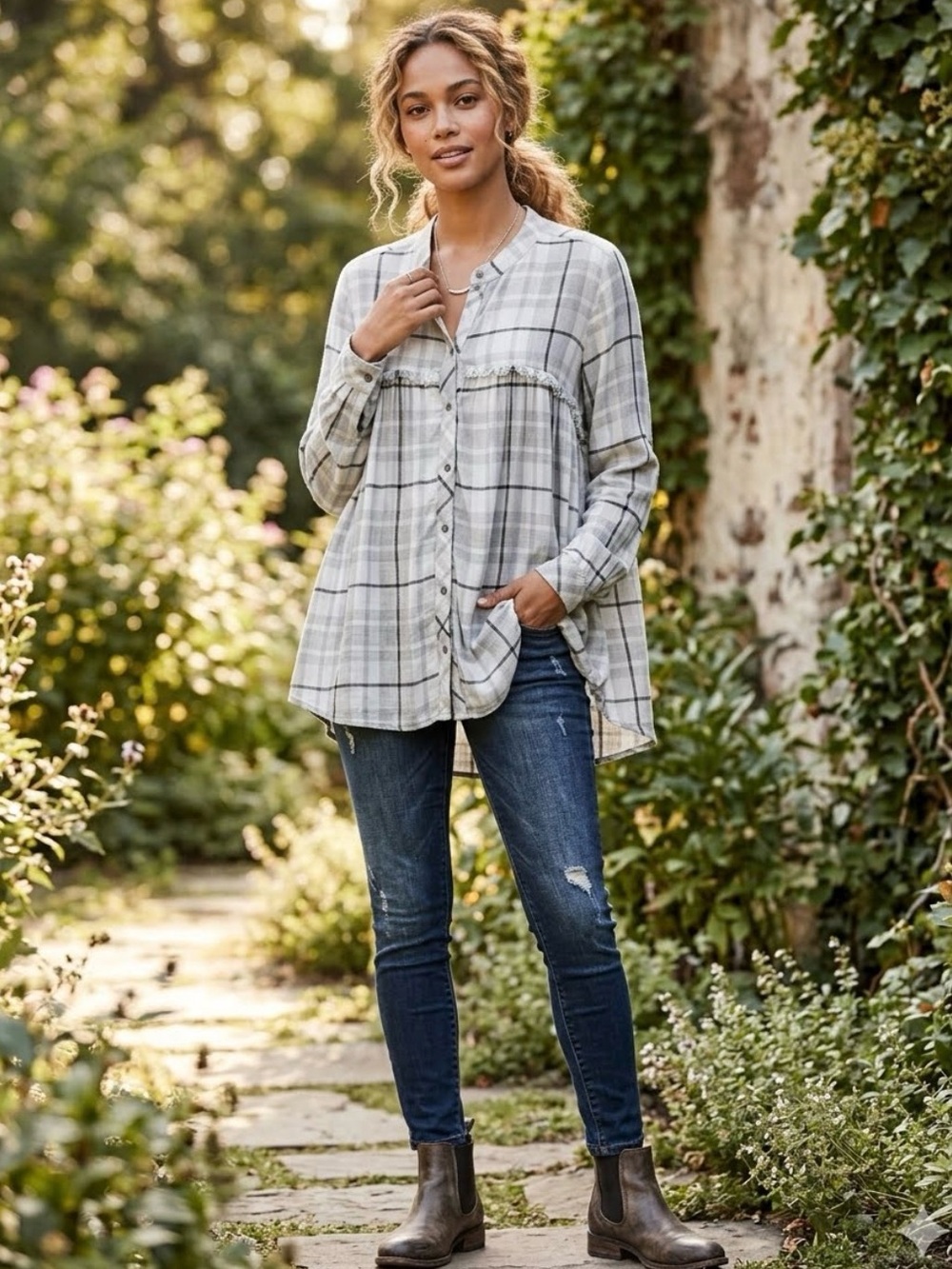 Cloth & Stone Anthropologie Gray Plaid Frayed Fringe Swing Tunic Blouse Size Sma